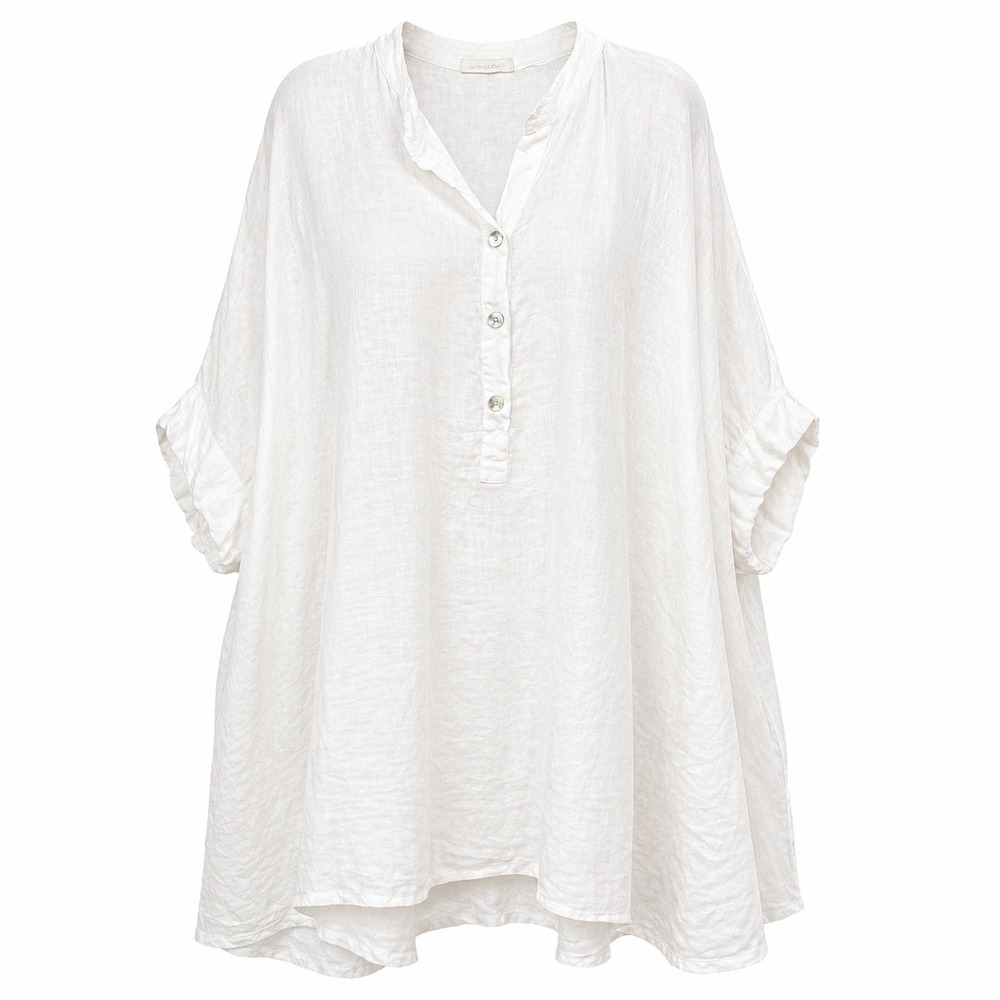 Made in Italy White Linen Oversized Henley Tunic Tent Dress Short Sleeve OS - Picture 1 of 9